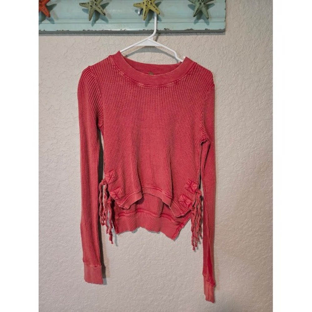 Free People FP One Coral‎ Pink Waffle Knit Thermal Side Tie High Low Top XS